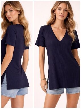 ZARA Ribbed V-Neck Black Tunic Top Longline Tee | Minimalist Wardrobe sz. M